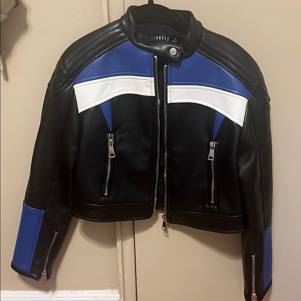 Men's Black and Blue Leather Jacket